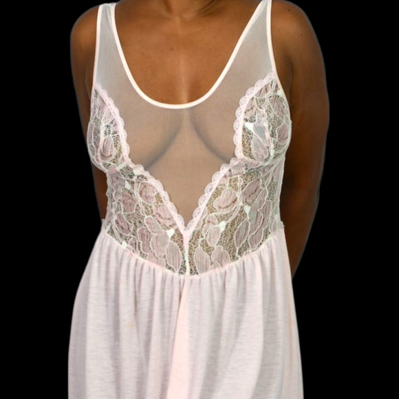Vintage Victoria Secret Nightgown Pink Crown Catalog Knit Lace Mesh Sheer Medium - Picture 4 of 15